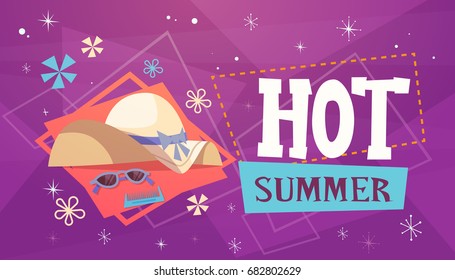 Hot Summer Vacation Sea Travel Retro Banner Seaside Holiday Flat Vector Illustration