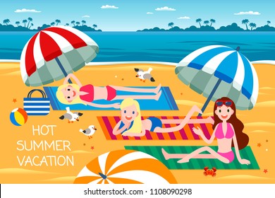Hot summer vacation with three women enjoying suntan on the beach, flat design