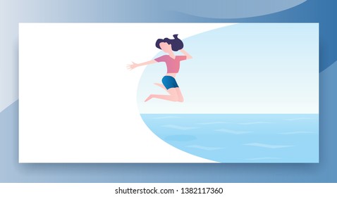 Hot summer vacation, a young girl jumps into the sea. Tourist relaxing on seaside resort. Website landing page, web page cartoon flat Vector Illustration, Banner