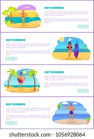 Hot summer vacations Internet promo banners. Men and women enjoy summer holidays on tropical beach web pages with sample text vector illustrations.