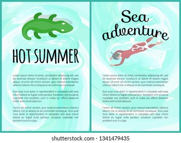 Hot summer vector, crocodile inflatable toy on water and hot adventures summertime. Woman wearing scuba diving equipment, person snorkeling hobby
