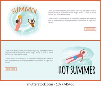 Hot summer vector, man laying on surfing board surfer on surfboard. People playing water game, waterpolo sport practicing male and female website