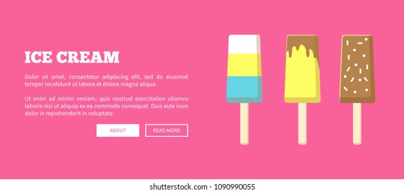 Hot summer web poster with chocolate fruit and vanilla ice cream on wooden sticks vector illustration banners set on pink background