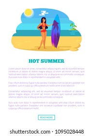 Hot summer web poster sexy woman wears swimsuit bikini and bra at summertime on beach. Sunburned girl in glasses holds surfboard vector illustration.