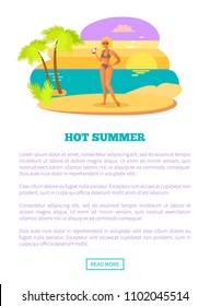 Hot summer web poster sexy woman wears swimsuit cute bikini and bra at summertime on the beach. Sunburned girl in glasses with tropical cocktail.