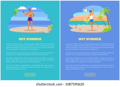Hot summer web poster with text, guy playing with ball at coastline at tropical sea shore and drinking cocktail vector beach and palm trees summertime