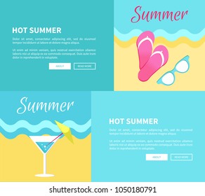 Hot summer web posters set with martini glasses, flip-flops and sunglasses on seaside vector illustration banners on blue background
