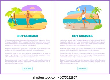 Hot summer web posters set with woman in sexy bikini drinking tropical cocktail from coconut, man playing with ball on beach with palm trees vector