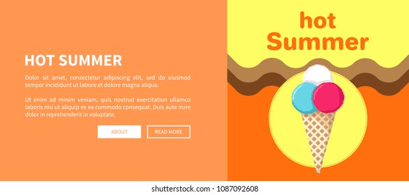 Hot summer web posters set with ice cream in waffle cone with colorful balls vector illustration banners set on orange background