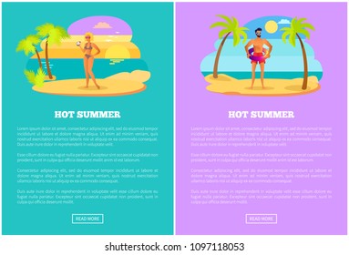 Hot summer web posters set woman wears bikini with surfboard and man in lifebuoy, tanned people at summertime having fun on tropical resort vector.