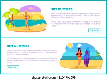 Hot summer web posters set sexy woman in swimsuit cute bikini and bra at summertime on the beach. Sunburned girl wear glasses surfing board vector.