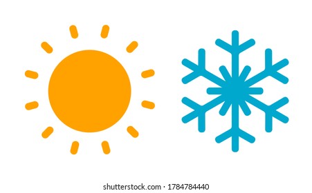 Hot sun and cold snowflake icon. Summer and winter symbol. Vector isolated illustration.