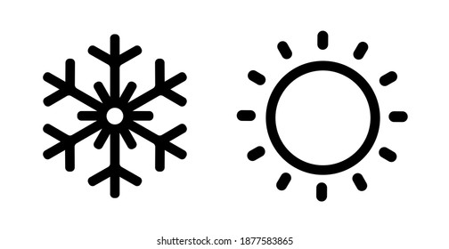 Hot sun and cold snowflake icon. Summer and winter symbol. Vector isolated black and white illustration.