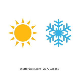 Heiße Sonne und kalte Schneeflocke Symbol. Sommer- und Wintersymbol. Vektorsymbole mit Sun- und Schneeflocken