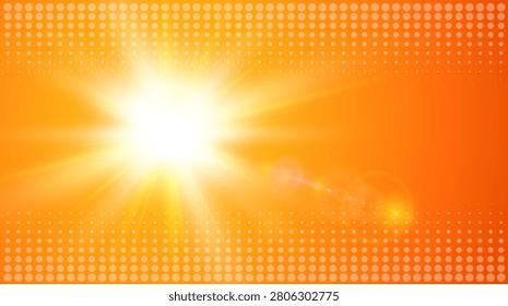 Hot sun with lens flare on orange background with halftone pattern. Climate change and extreme weather and global warming concept abstract background, vector illustration.