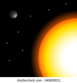 Hot Sun with planet and stars; meteor; comet; moon; universe