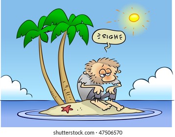 a hot sun shining on a shaggy toon guy stranded on an island
