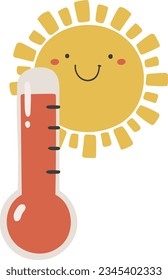 Ilustración vectorial de sol caliente, vector meteorológico, ilustración infantil, clipart meteorológico, elemento de bebé, vector kawaii