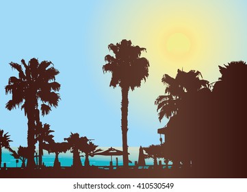 Hot sunny day at the tropical resort. Silhouette vector. Palm tree and sun.