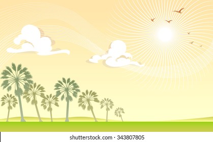 Hot Sunny Day-Summer Day background with lots of space for your text, diminishing coconut tree line