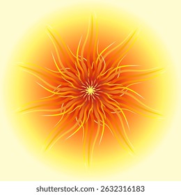 Hot sunny mandala. Positive energy of the sun. Sun vector illustration. Red yellow summer decor.