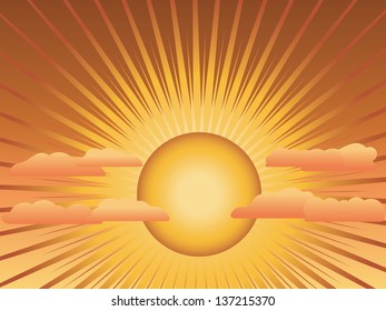 Hot sunny sky background with rays and clouds.