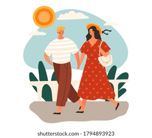 Hot sunny summer weather with people outdoors enjoying a walk in the countryside holding hands in summer, colored vector illustration