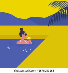 Hot sunny summer weather, young female character swimming in a pool and drinking a coconut water