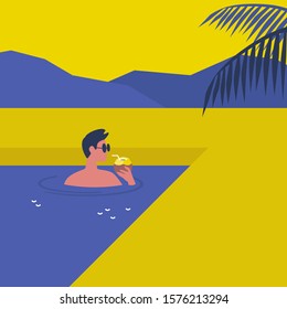 Hot sunny summer weather, young male character swimming in a pool and drinking a coconut water