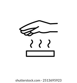 Ícone de superfície quente. Estilo de contorno simples. Sinal de aviso, queimadura, superfície de calor, perigo, mão de cuidado não tocar, conceito de segurança. Símbolo de linha fina. Ilustração vetorial isolada.