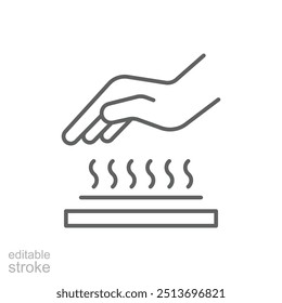 Ícone de superfície quente. Estilo de contorno simples. Sinal de aviso, queimadura, superfície de calor, perigo, mão de cuidado não tocar, conceito de segurança. Símbolo de linha fina. Ilustração vetorial isolada. Traçado editável.