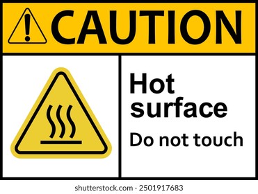 Hot surface sign. Surfaces that can cause burns on contact. Warns workers and visitors to avoid contact with hot surfaces. Do not touch. High surface temperature. Do not contact. Caution, risk burns.