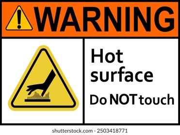 Hot surface sign. Surfaces that can cause burns on contact. Warns workers and visitors to avoid contact with hot surfaces. Do not touch. High surface temperature. Do not contact. Caution, risk burns.