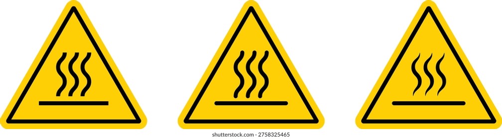 Hot Surface Warning Sign and Caution Heat Hazard Yellow Triangle Vector Icon Set