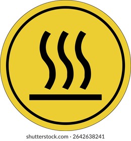 Hot surface. Yellow circle sticker. Warning icon. Sign yellow. Circle label.