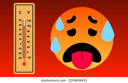 Hot and sweaty expression emoticon. Global warming. thermometer shows high temperature. hot people