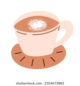 Hot sweet coffee icon, cup with saucer, vector doodle illustration of autumn beverage, morning latte with milk and chocolate, macchiato or cappuccino, isolated colored clipart on white background