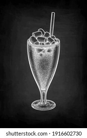 Hot sweet drink with marshmallows. Coffee or cocoa. Stemmed glass with drinking straw. Chalk sketch on blackboard background. Hand drawn vector illustration. Retro style.