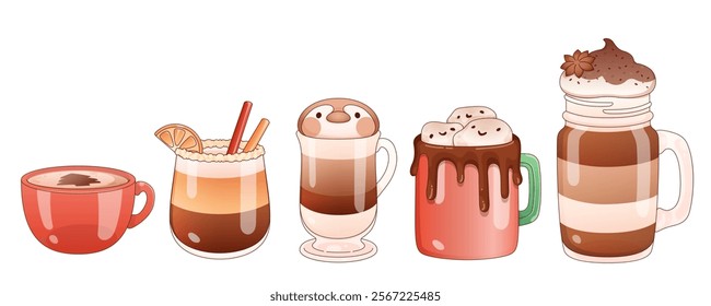 Hot sweet drinks set isolated on white background. Contemporary vector cartoon illustration of cups with coffee with cinnamon, chocolate beverage, milky latte, cocoa with whipped cream and marshmallow