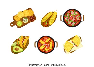 Hot Taco Crumpet and Stew with Maize on Plate as Traditional Mexican Dish Vector Set