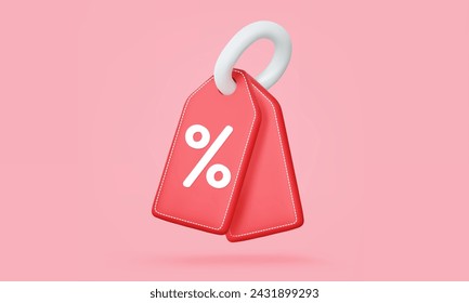 Icono 3D del cupón del descuento del precio de la etiqueta caliente con el porcentaje en el fondo rosado. Eps 10 vector. ilustración