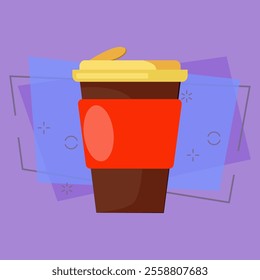 Hot takeaway drink. Paper disposable cup with yellow lid and sleeve. Takeaway cups concept. Vector illustration can be used for topics like morning outdoors, coffee shop, recycling