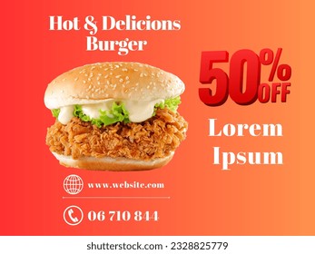 hot and tasty burger 50% off vector, catchy lettering on orange background