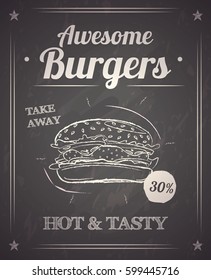 Hot and tasty burger in rays with discount monochrome hand drawn poster on black chalkboard vector illustration