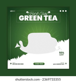 Hot and Tasty Green Tea Social Media Post Design Or Web Banner Template