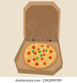 Hot tasty pepperoni pizza. Junk fast food. Pizzeria delivery. Flat vector graphic illustration. Yummy Italian meal. People order dinner concept. Takeaway snack. Pizza picture. Many slices fragrant eat