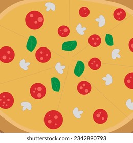 Hot tasty pepperoni pizza. Junk fast food. Pizzeria delivery. Flat vector graphic illustration. Yummy Italian meal. People order dinner concept. Takeaway snack. Pizza picture. Many slices fragrant eat