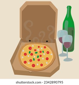 Hot tasty pepperoni pizza. Junk fast food. Pizzeria delivery. Flat vector graphic illustration. Yummy Italian meal. People order dinner concept. Takeaway snack. Pizza picture. Many slices fragrant eat