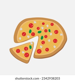 Hot tasty pepperoni pizza. Junk fast food. Pizzeria delivery. Flat vector graphic illustration. Yummy Italian meal. People order dinner concept. Takeaway snack. Pizza picture. Many slices fragrant eat