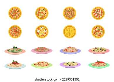 Hot Tasty Pizza and Cooked Pasta Italian Cuisine Dish Served on Plates Big Vector Set